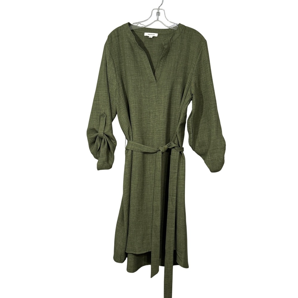 Zoey & Leelo Green Belted High Low Midi Dress Size L Minimalist Cottagecore Boho